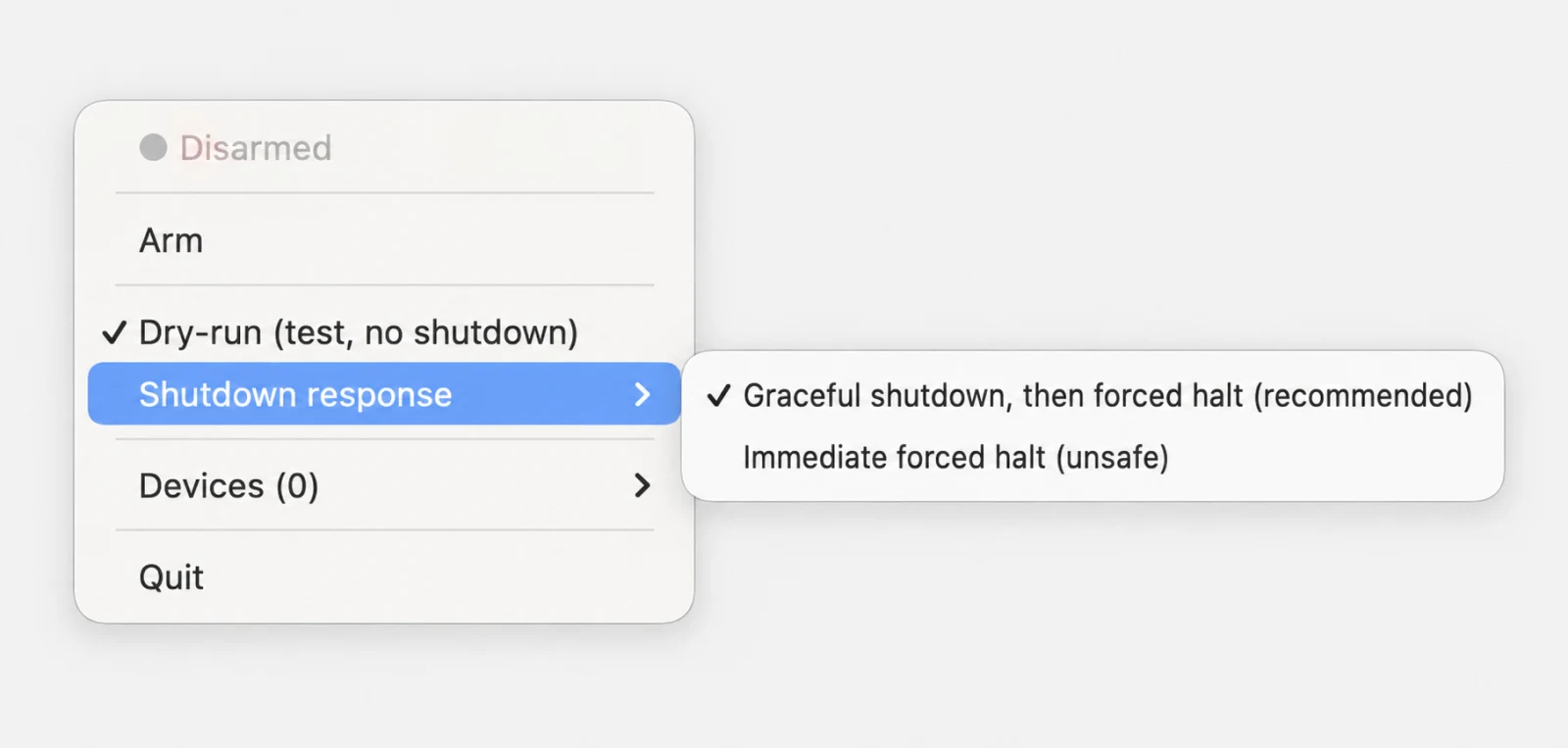 USB Watchdog menu showing dry-run mode and the recommended graceful-shutdown response